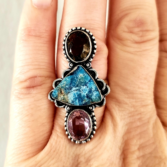 New Natural Blue Kyanite, Smoky Topaz, Pink Topaz 925 Silver Ring. - Picture 6 of 8